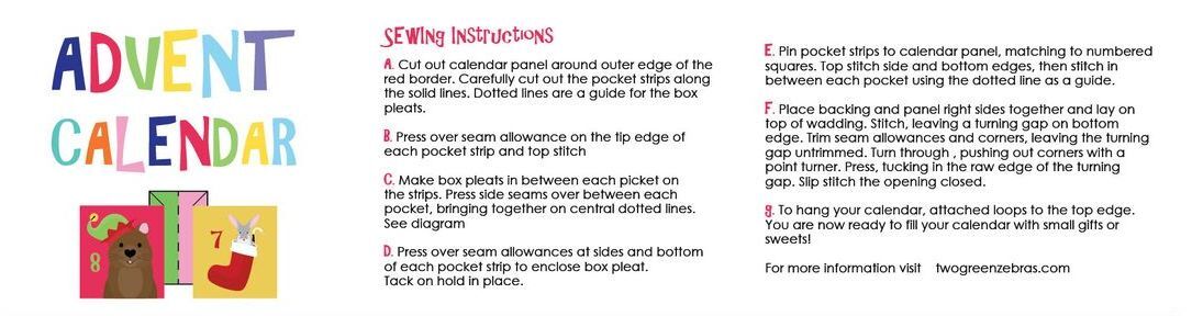 A printed instruction sheet for making an Advent calendar, with colorful title text at the top, step-by-step sewing and hanging instructions in the center, and small illustrated boxes at the bottom left.