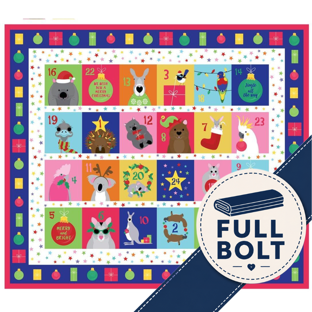 A colorful Christmas advent calendar grid with 24 numbered festive panels featuring cartoon animals, ornaments, gifts, and holiday motifs, surrounded by a blue border. A large circular badge in the lower right says 'FULL BOLT' with a folded navy ribbon graphic.