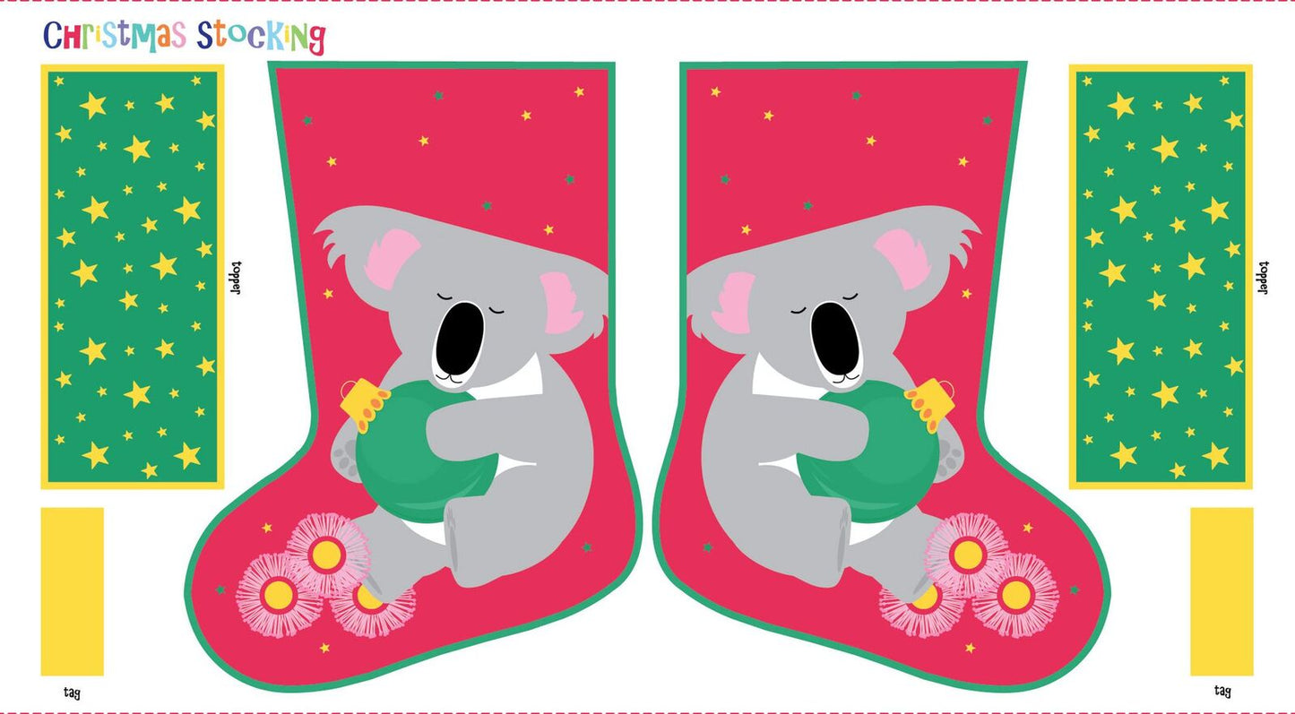 Devonstone Festive Aussie Friends - Christmas Koala Stocking 24" Panel 8m Fabric Bolt