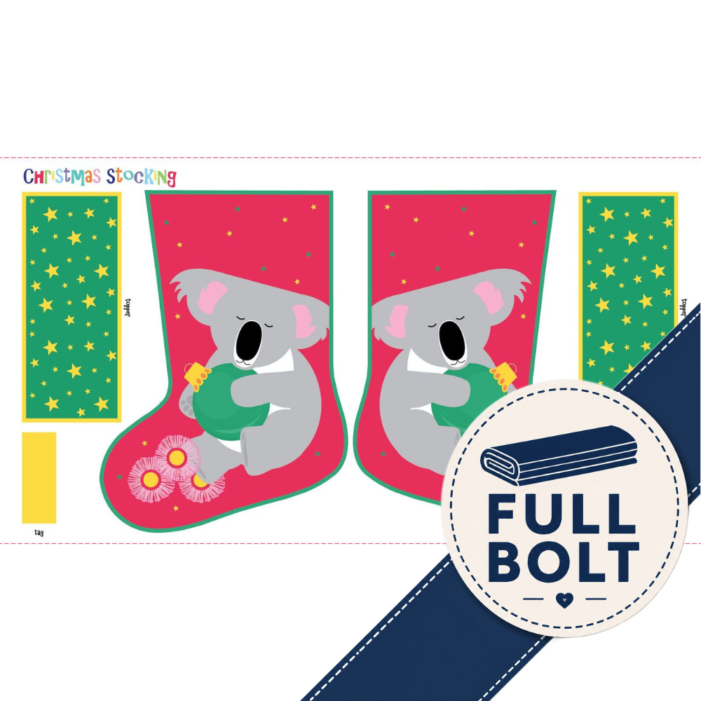 Devonstone Festive Aussie Friends - Christmas Koala Stocking 24" Panel 8m Fabric Bolt