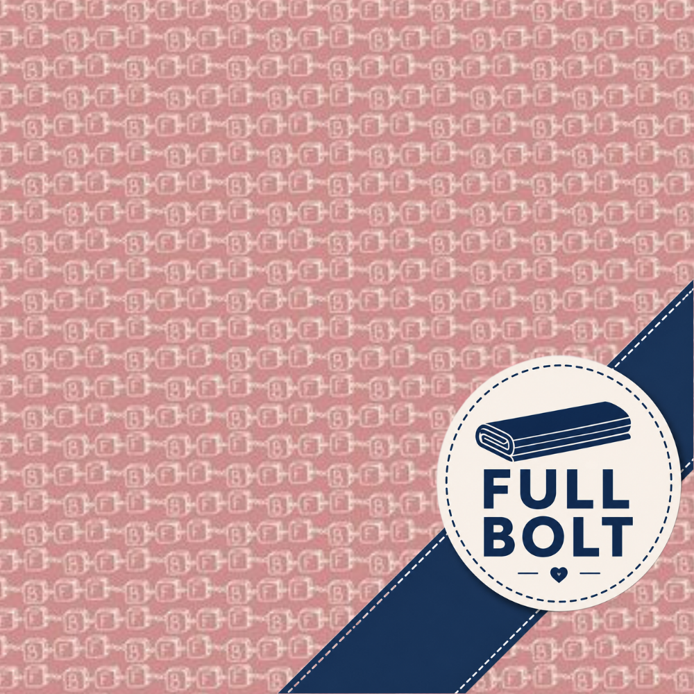 A pink patterned background with a repeating white chain motif with BFF and a dark blue diagonal ribbon in the lower right. A white circular badge on the ribbon shows a folded dark blue item and the text 'FULL BOLT'.