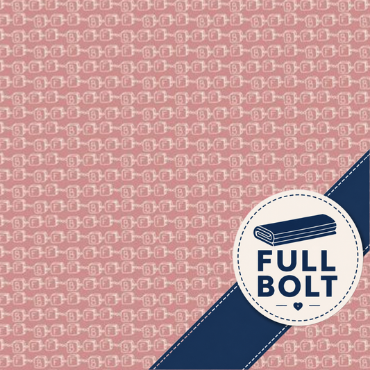 A pink patterned background with a repeating white chain motif with BFF and a dark blue diagonal ribbon in the lower right. A white circular badge on the ribbon shows a folded dark blue item and the text 'FULL BOLT'.