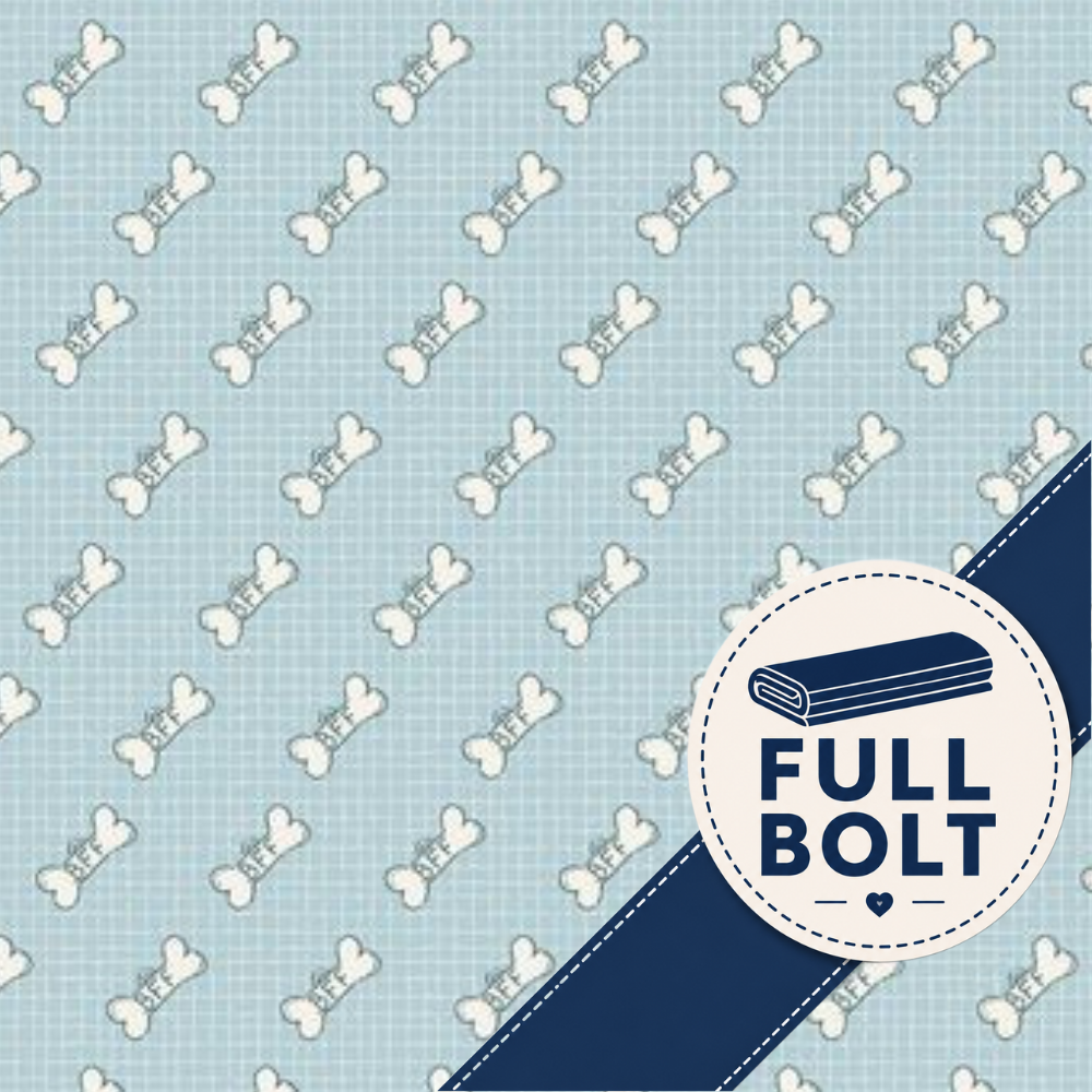 A repeating pattern of white dog bones with BFF written , on a light blue grid background, with a dark blue diagonal banner across the lower right and a circular badge reading 'FULL BOLT'.