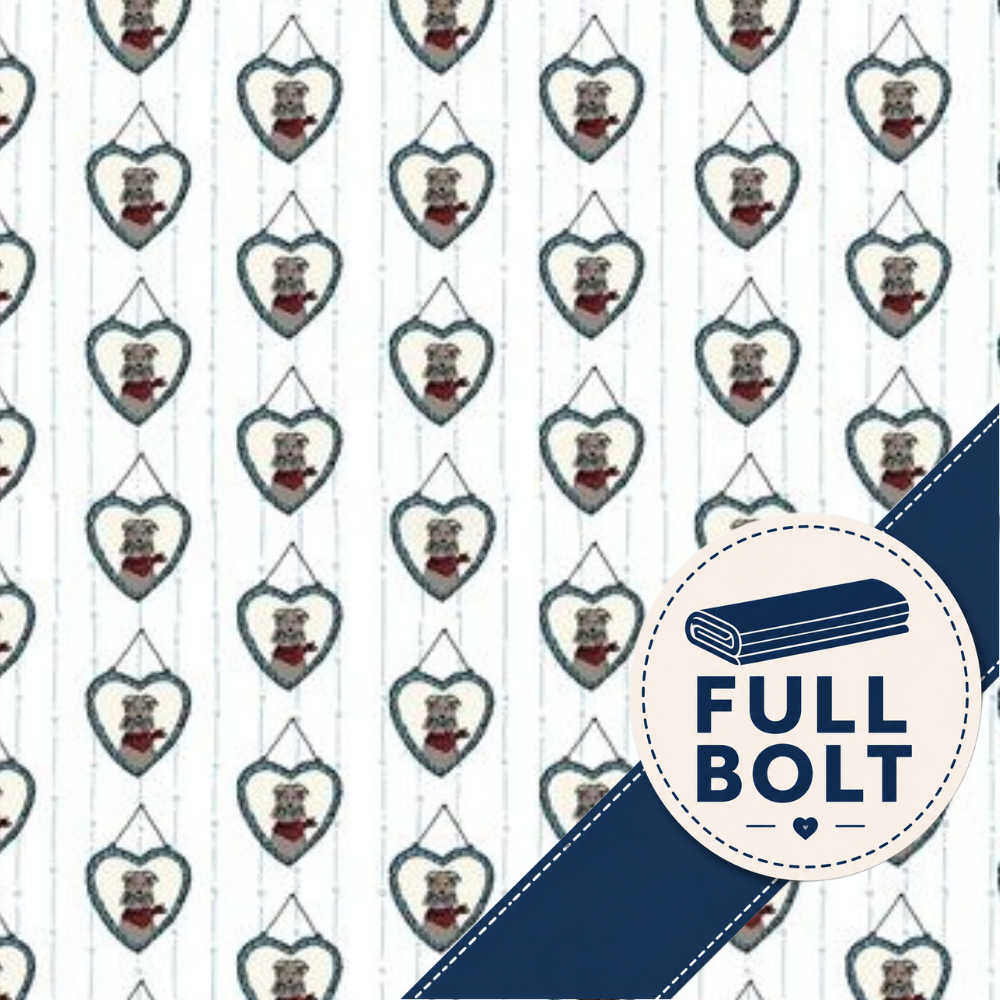 A repeating fabric pattern featuring small gray heart-shaped hangers with puppy dogs wearing red sweaters, set on a white background with thin vertical blue stripes. A navy blue diagonal banner with a circular badge reading 'FULL BOLT' is overlaid in the lower right corner.