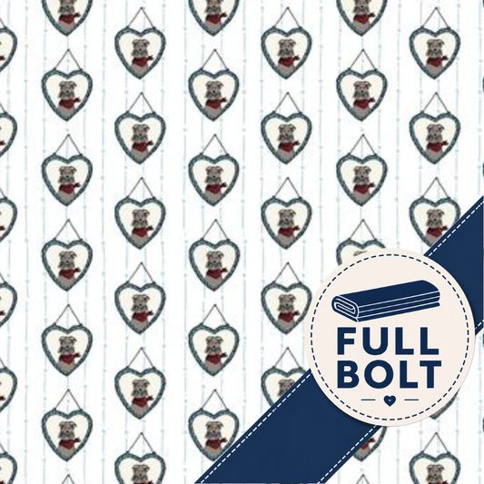 A repeating fabric pattern featuring small gray heart-shaped hangers with puppy dogs wearing red sweaters, set on a white background with thin vertical blue stripes. A navy blue diagonal banner with a circular badge reading 'FULL BOLT' is overlaid in the lower right corner.