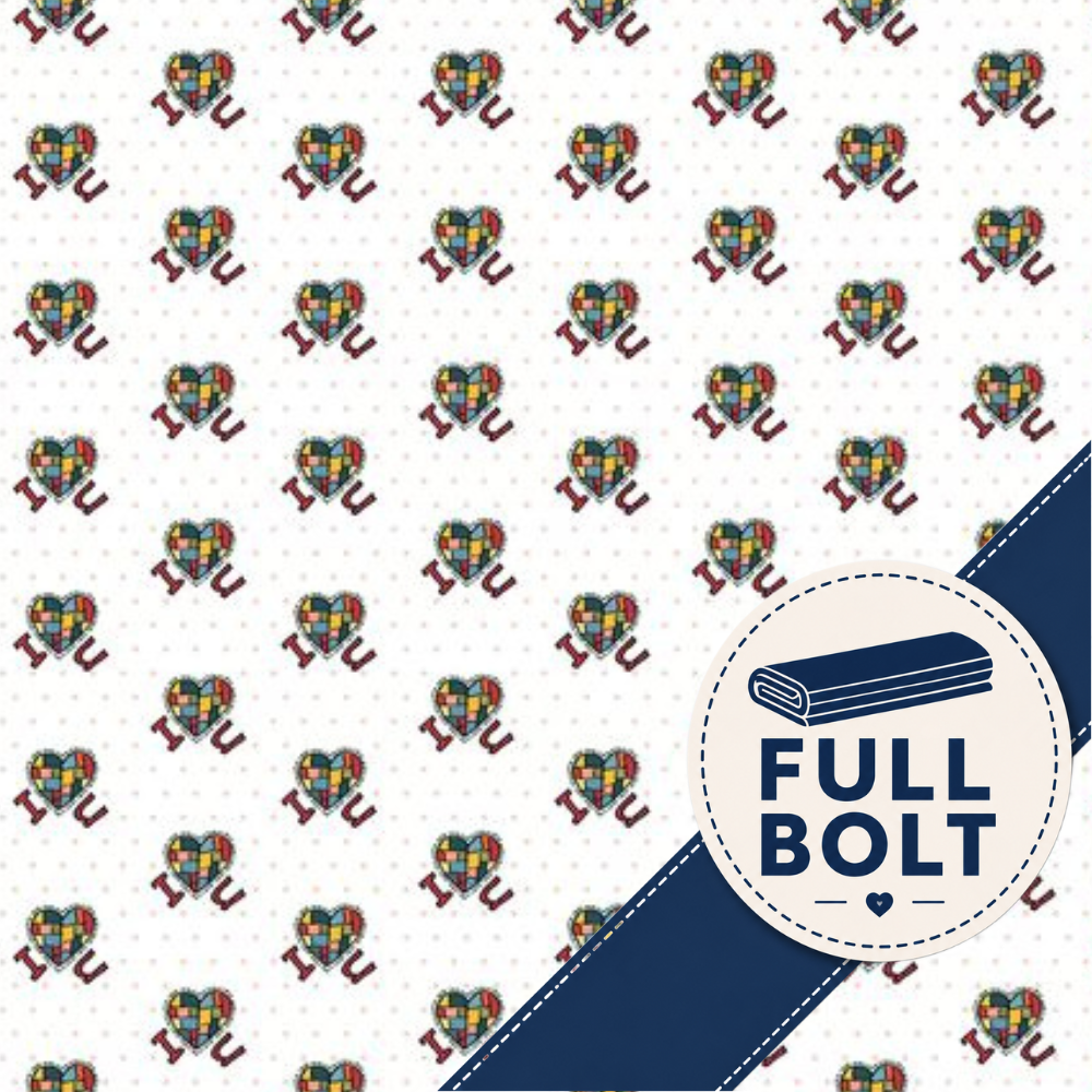 A repeating pattern of heart-shaped mosaic designs in multiple colors on a white background with small gray dots, plus a dark blue diagonal banner and a circular badge reading 'FULL BOLT'.