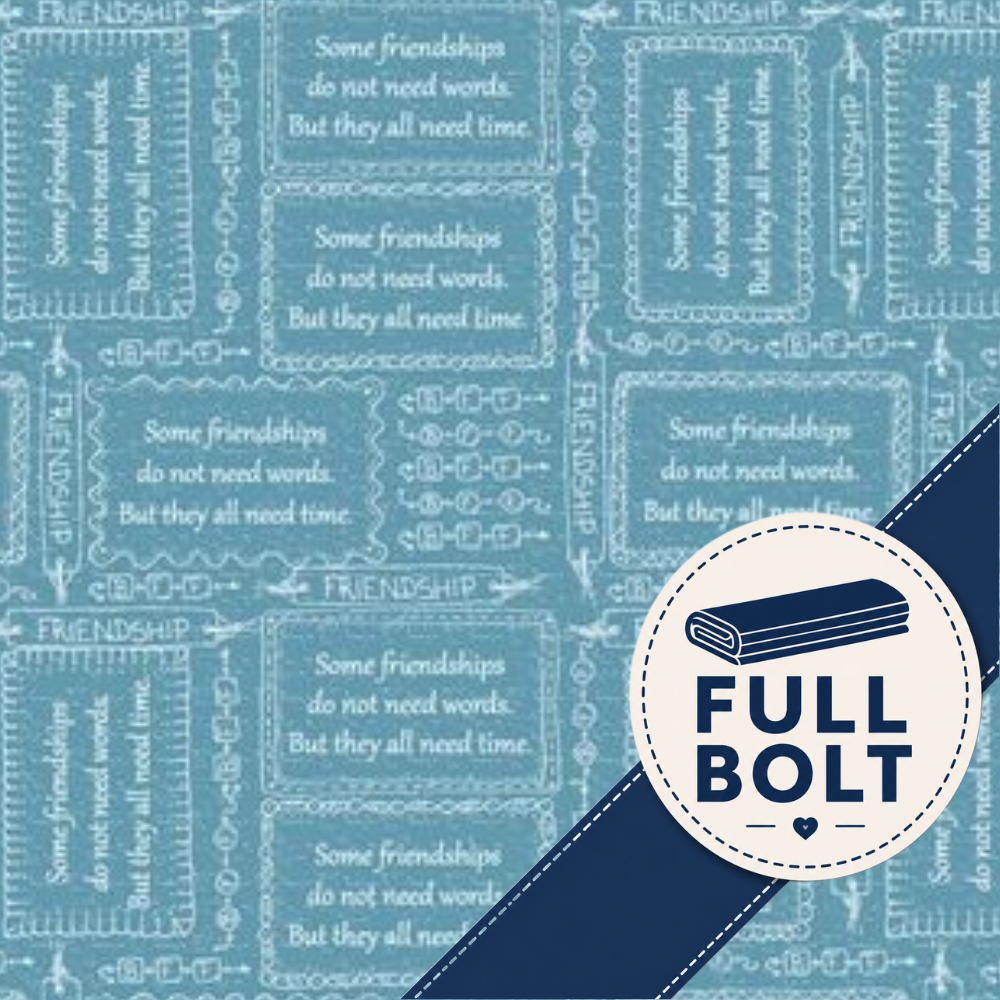 A close-up of a fabric pattern featuring the word 'FRIENDSHIP' repeated in white text inside blue rectangular panels with decorative borders, overlaid with a dark blue diagonal stripe and a circular badge reading 'FULL BOLT'.