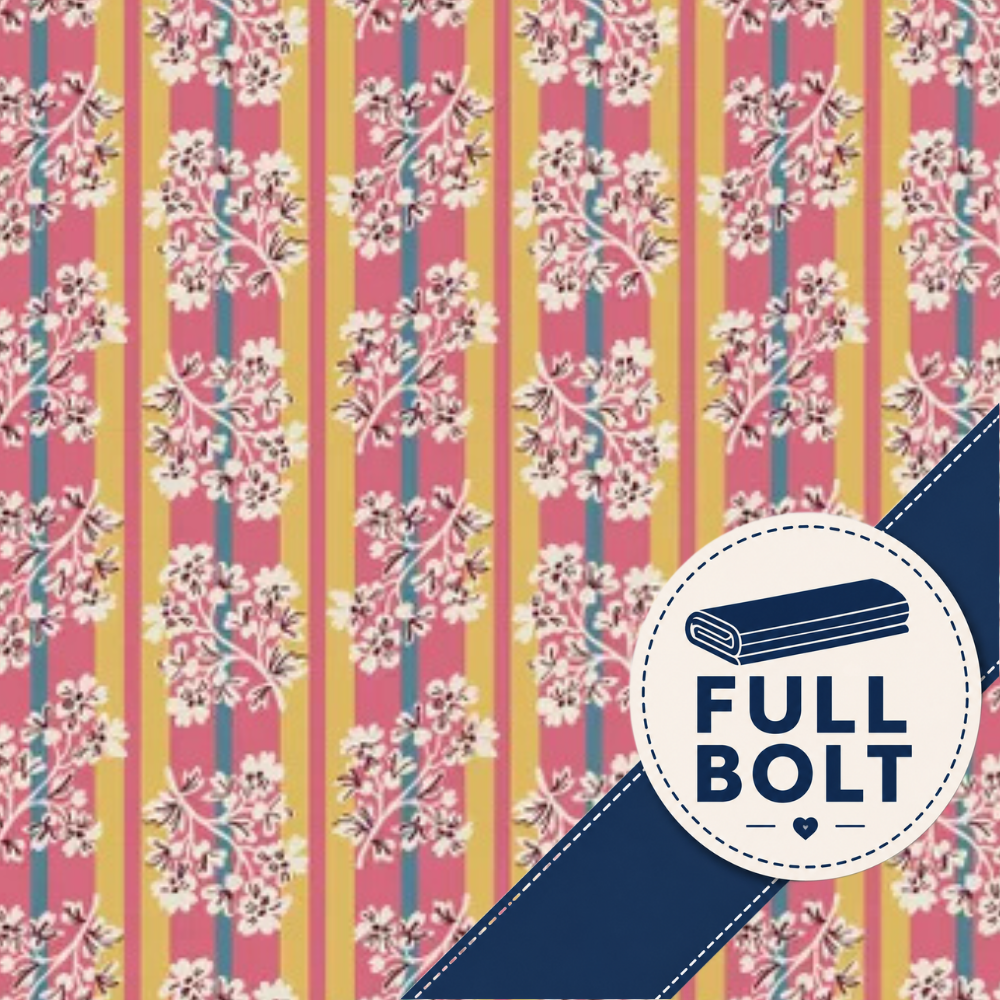 A repeating fabric pattern with vertical pink and yellow stripes, floral motifs, and a dark blue diagonal banner in the lower right that reads 'FULL BOLT' with a bolt icon.