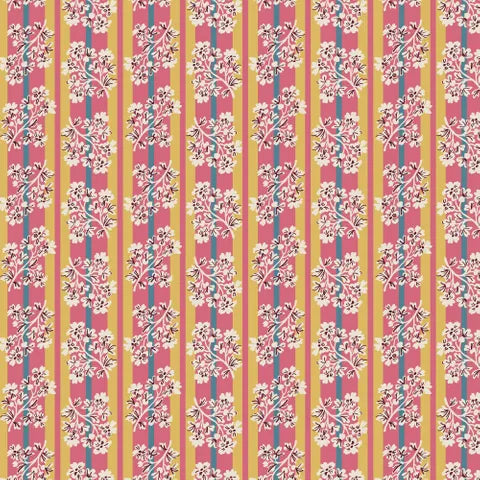 A repeating vertical floral pattern with pink and coral backgrounds, cream blossoms, teal stems, and mustard-yellow stripes.