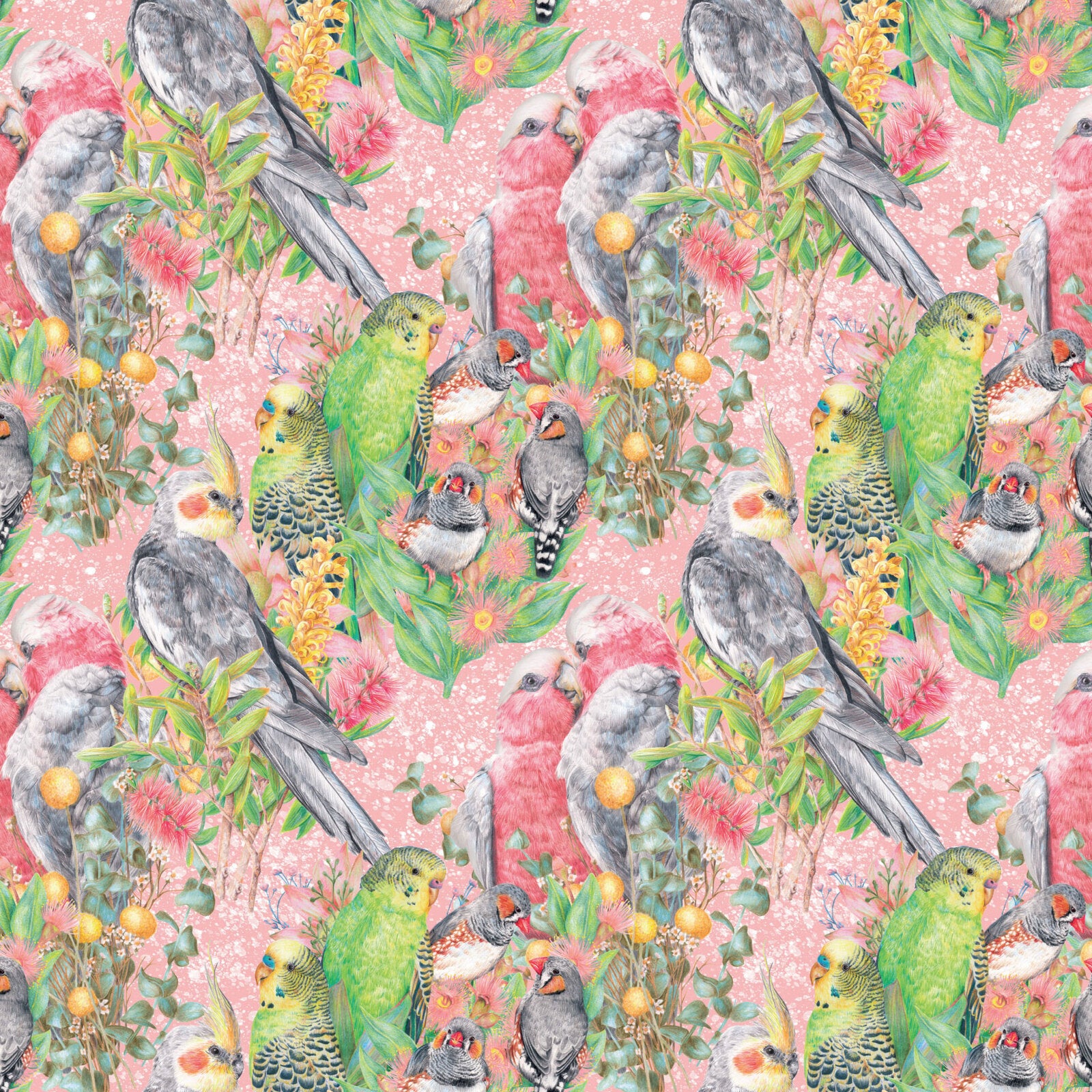 A repeating fabric pattern featuring green and gray birds, pink flowers, yellow berries, and foliage on a light pink background.