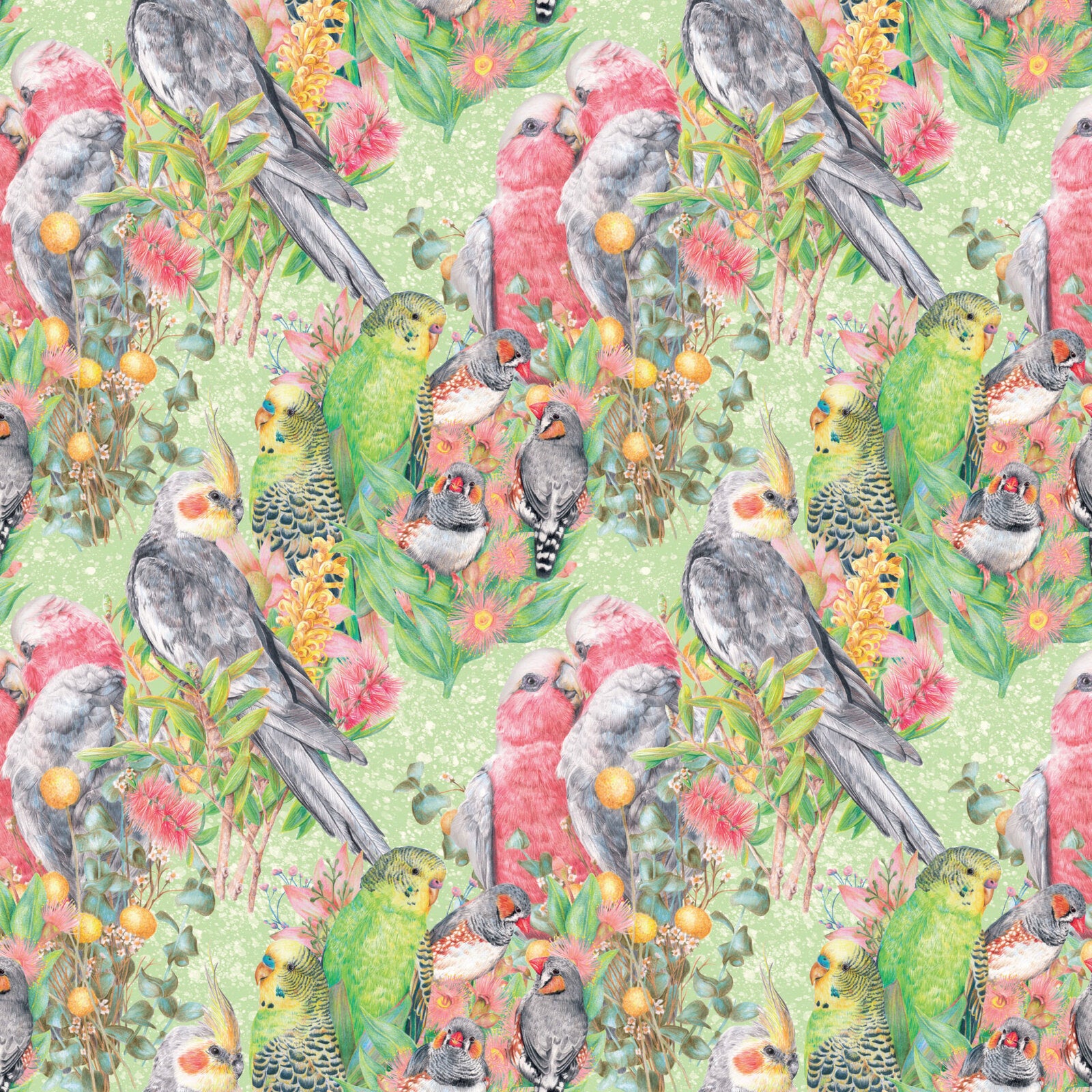 A repeating fabric pattern featuring tropical birds, including green parrots, gray cockatoos, and pink-and-white lovebirds, surrounded by pink flowers and yellow-orange berries on a light green background.