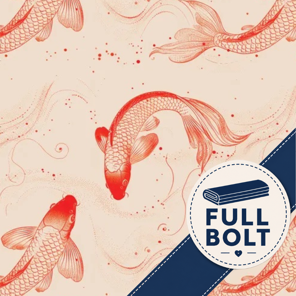 A repeating pattern of orange  red koi fish on a warm cream background, with a dark blue diagonal stripe and a circular badge reading “FULL BOLT” in the lower right.