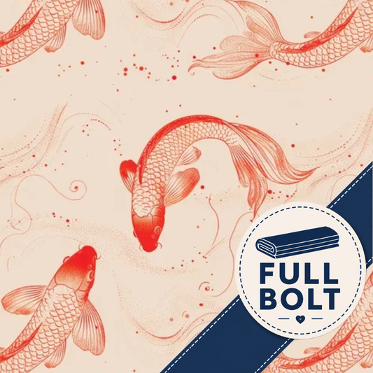 A repeating pattern of orange  red koi fish on a warm cream background, with a dark blue diagonal stripe and a circular badge reading “FULL BOLT” in the lower right.