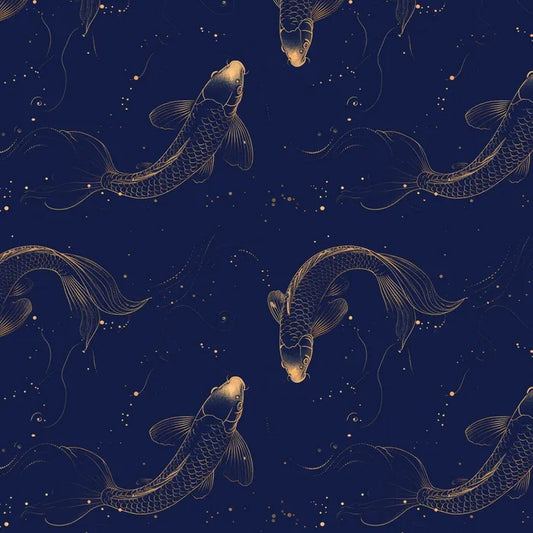 A repeating seamless fabric pattern featuring elegant gold koi fish and small bubbles on a deep navy blue background.