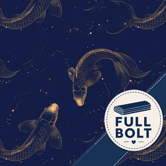 A repeating fabric pattern of elegant gold koi fish swimming on a deep navy blue background, accented with tiny gold stars. A white circular badge in the bottom right corner features a sewing machine icon and the text 'FULL BOLT' with a small heart.