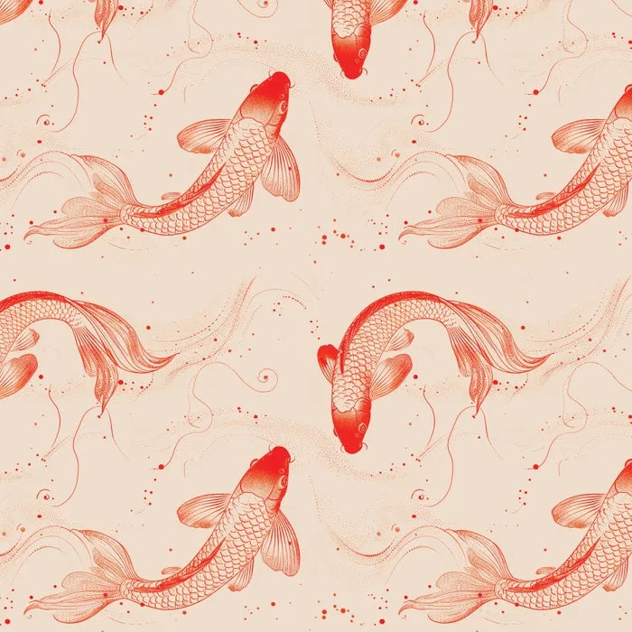 A repeating pattern of orange red koi fish and abstract flowing lines on a warm cream background.