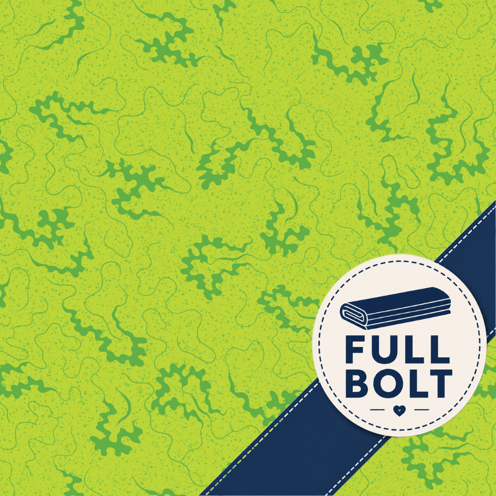 A flat-lay graphic showing a lime green fabric with a darker green abstract wavy pattern, featuring a dark blue diagonal banner with a white circular badge that reads 'FULL BOLT' and shows a folded bolt of fabric.