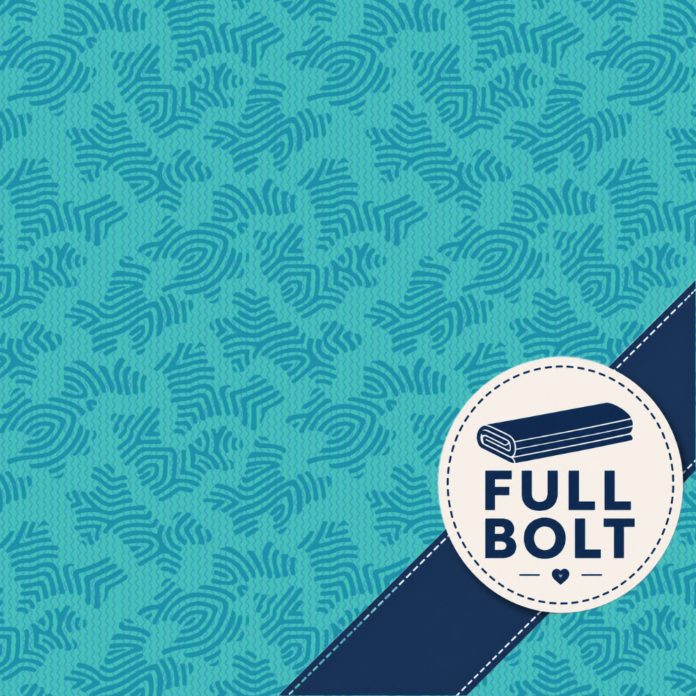 A close-up of a teal and turquoise patterned fabric with a repeating wavy design abstract zebra, plus a dark navy diagonal band and a circular white badge reading "FULL BOLT" with a rolled fabric icon.