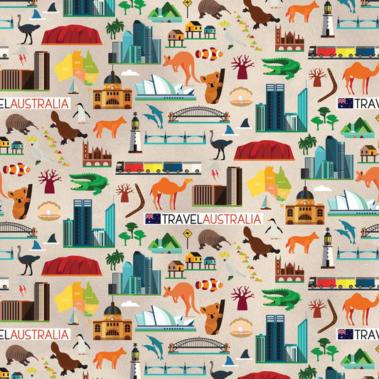 A repeating illustrated pattern of Australia-themed travel motifs on a light beige background, including Sydney Opera House, kangaroo, crocodile, camel, lighthouse, train, boat, bird, and the words 'TRAVEL AUSTRALIA'.