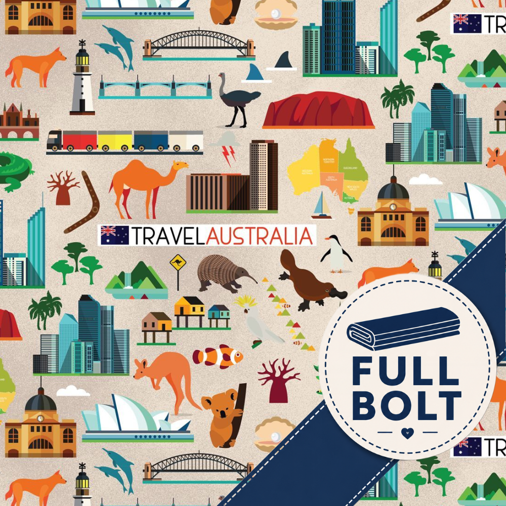 A repeating illustrated fabric pattern of Australia travel landmarks and objects on a light beige background, with a dark blue diagonal band and a circular badge reading FULL BOLT.