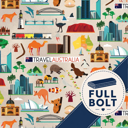 A repeating illustrated fabric pattern of Australia travel landmarks and objects on a light beige background, with a dark blue diagonal band and a circular badge reading FULL BOLT.