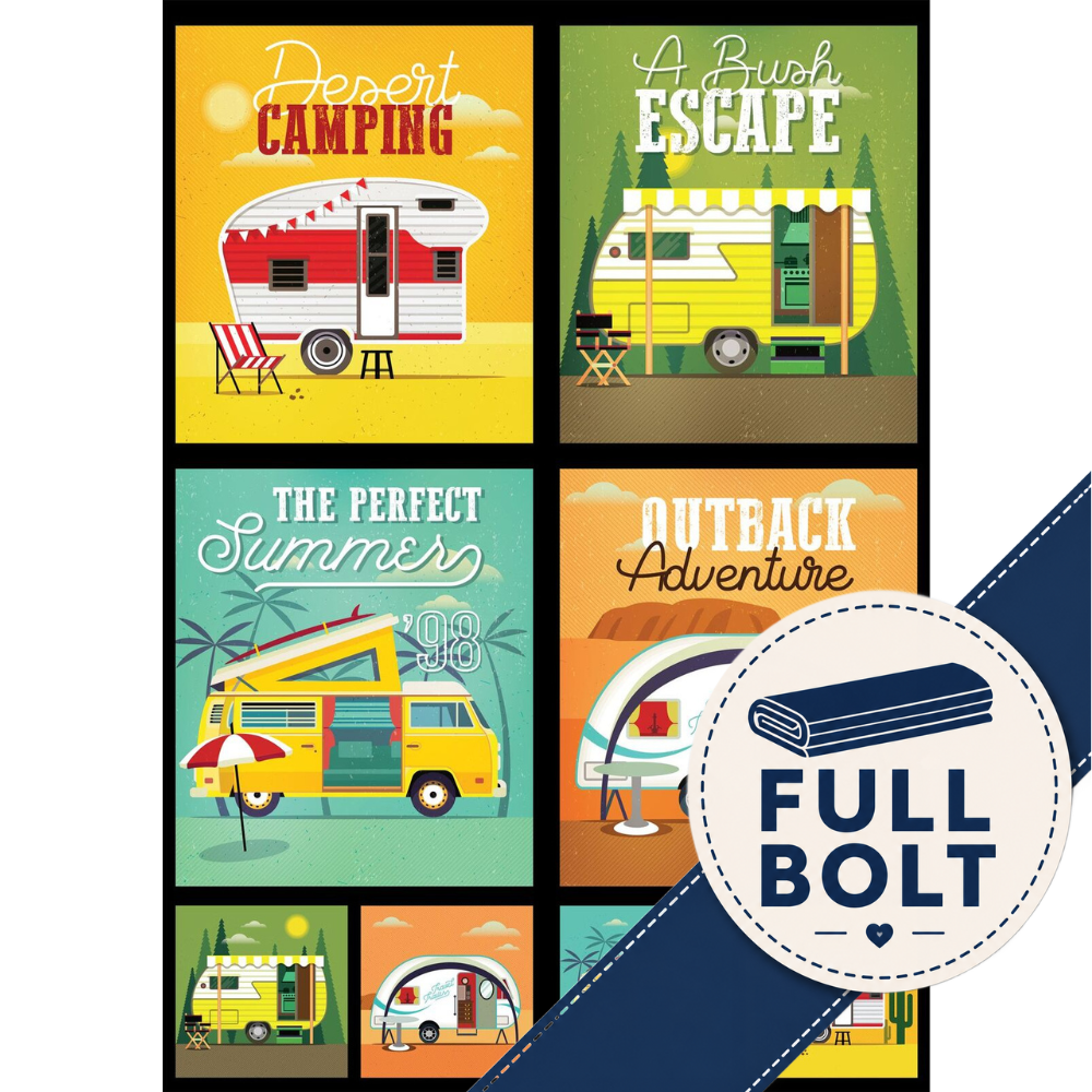 A set of six retro-style travel and camping posters arranged in a grid, featuring illustrations of vintage campers, beach umbrellas, palm trees, and bold text such as 'Desert Camping,' 'A Bush Escape,' 'The Perfect Summer,' and 'Outback Adventure.' A large circular badge on the right reads 'FULL BOLT' with a blue ribbon graphic.