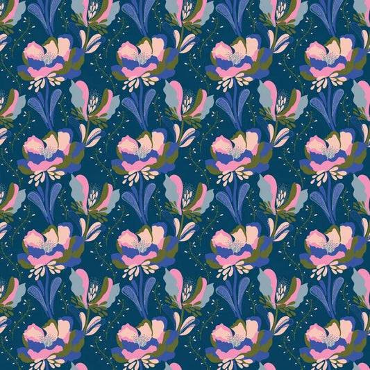 A repeating floral fabric pattern on a dark teal background, featuring large pink and lavender flowers with blue, green, and cream accents.