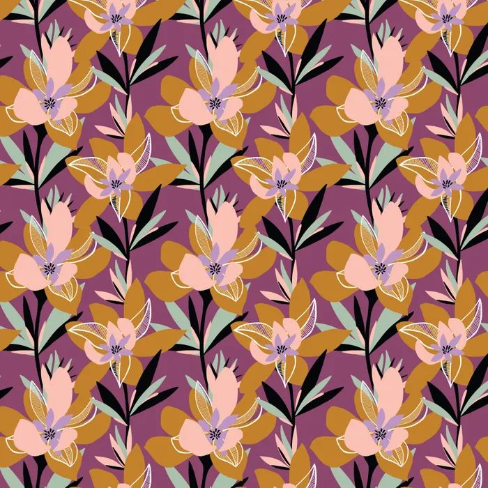 A repeating floral fabric pattern featuring stylized pink flowers with yellow centers, mustard-yellow leaves, pale green stems, and dark green leaves on a muted purple background.