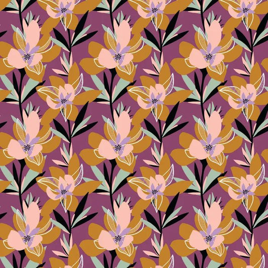 A repeating floral fabric pattern featuring stylized pink flowers with yellow centers, mustard-yellow leaves, pale green stems, and dark green leaves on a muted purple background.