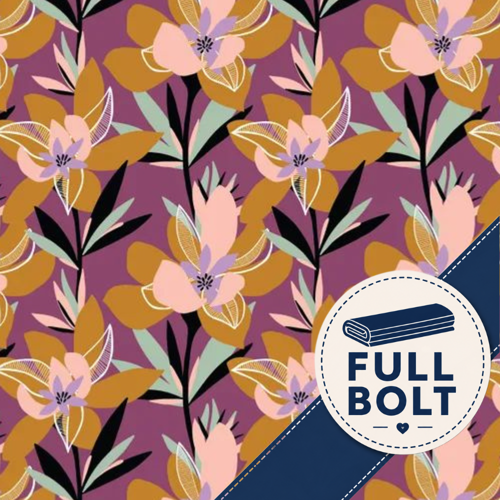 A repeating floral fabric pattern on a purple background with mustard yellow, peach, pale green, and black botanical motifs, plus a white circular badge with a folded blue item and the text 'FULL BOLT' on a navy diagonal band.