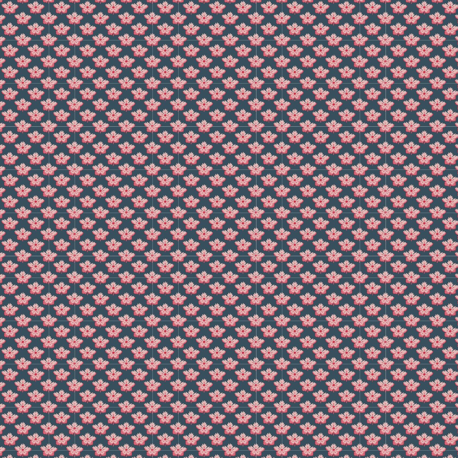 A repeating pattern of small pink floral motifs arranged in diagonal rows on a dark navy blue background.