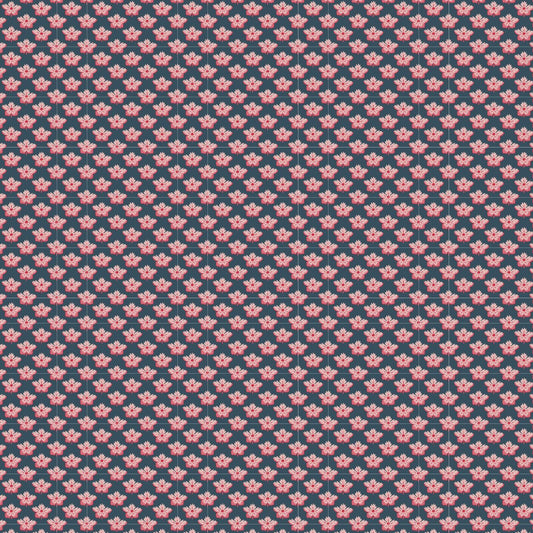 A repeating pattern of small pink floral motifs arranged in diagonal rows on a dark navy blue background.