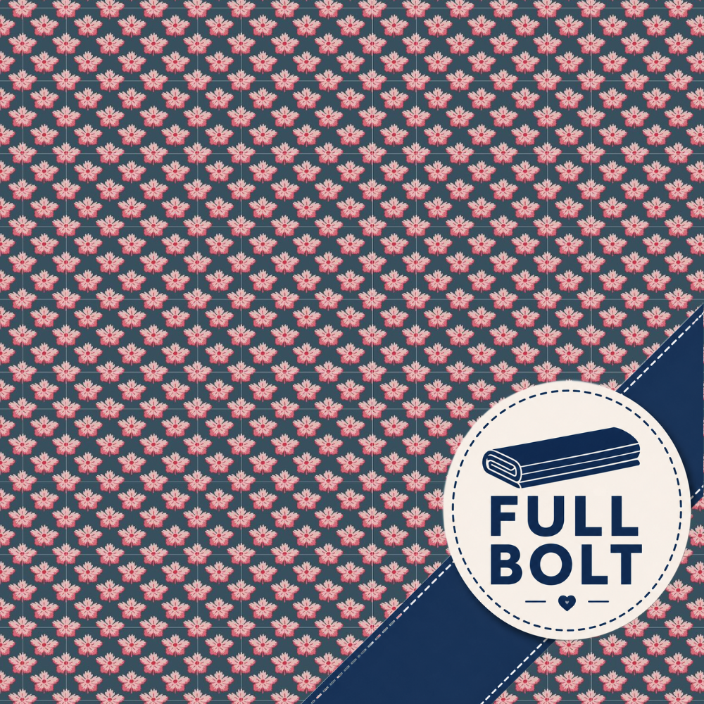A repeating fabric pattern with small pink floral motifs on a dark navy background, plus a white circular badge in the lower right that reads "FULL BOLT" with an illustration of folded fabric.