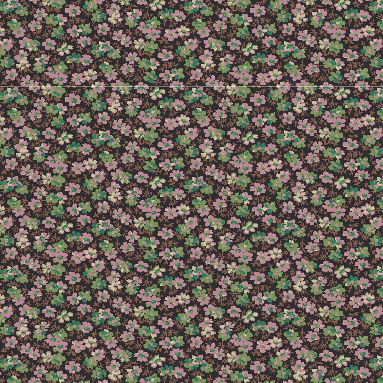 A close-up of a repeating floral fabric pattern featuring small pink and white blossoms with green leaves on a dark brown background.