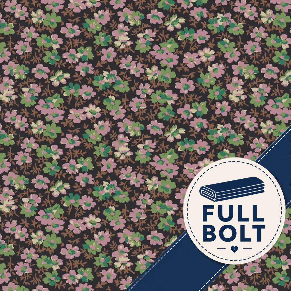 A close-up of a floral fabric pattern with small pink flowers, green leaves, and brown stems on a dark background, plus a blue diagonal band and a white circular badge reading FULL BOLT.
