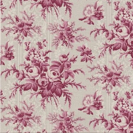A repeating floral toile fabric pattern in dusty pink and mauve on a warm beige background, with roses, leaves, and delicate botanical motifs filling the frame.