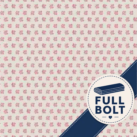 A repeating fabric pattern with small pink floral motifs on a warm sage background, plus a navy diagonal banner and a circular badge reading FULL BOLT.