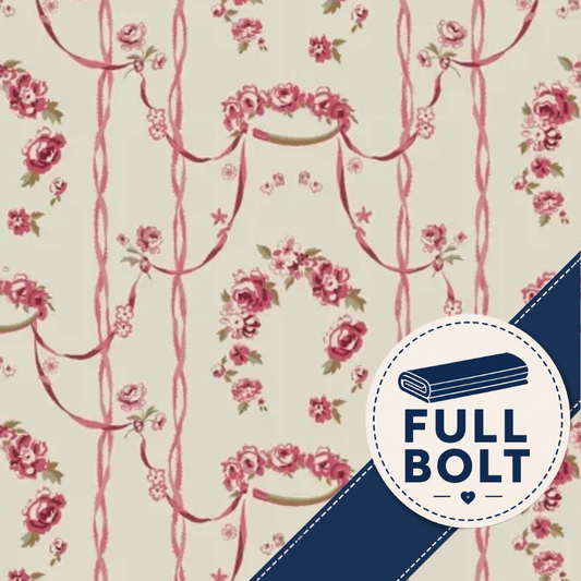 A close-up of a fabric pattern featuring pink roses and ribbon garlands on a warm cream background, with a blue diagonal banner in the lower right corner containing the text 'FULL BOLT' and a rolled fabric icon.