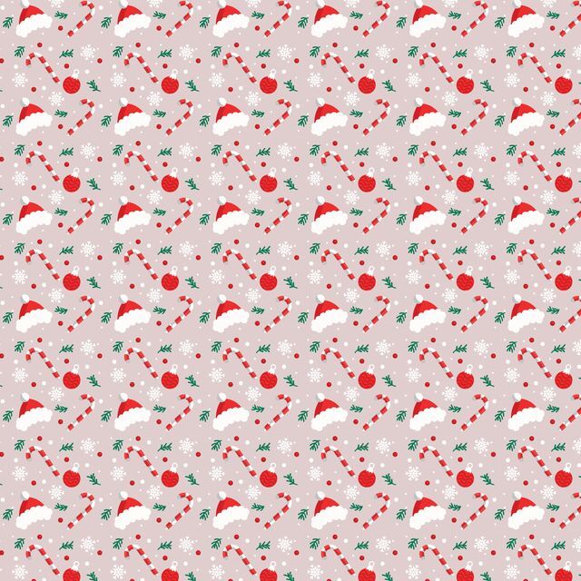 A repeating Christmas-themed pattern on a light blush tan pink background, featuring red Santa hats, red candy canes, green pine branches, white snowflakes, and red berries.