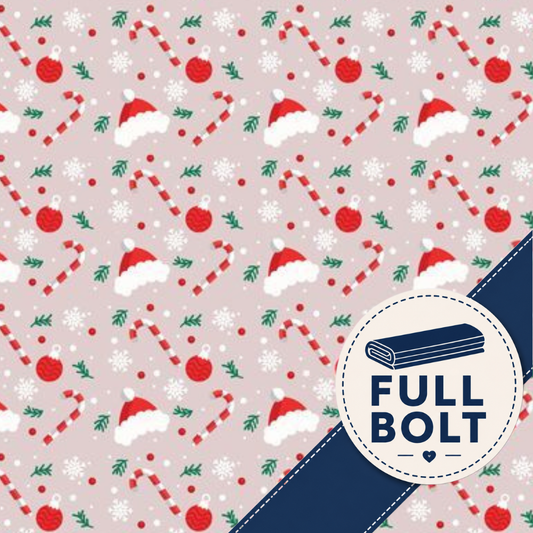 A repeating Christmas pattern on a light tan background with red candy canes, red ornaments, green pine sprigs, white snowflakes, and Santa hats. A dark navy diagonal band runs across the lower right, with a circular white badge reading “FULL BOLT” and a small folded fabric icon.