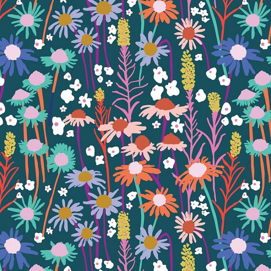A colorful seamless floral fabric pattern featuring stylized daisies, poppies, and wildflowers in pink, orange, purple, blue, yellow, and white on a dark teal background.
