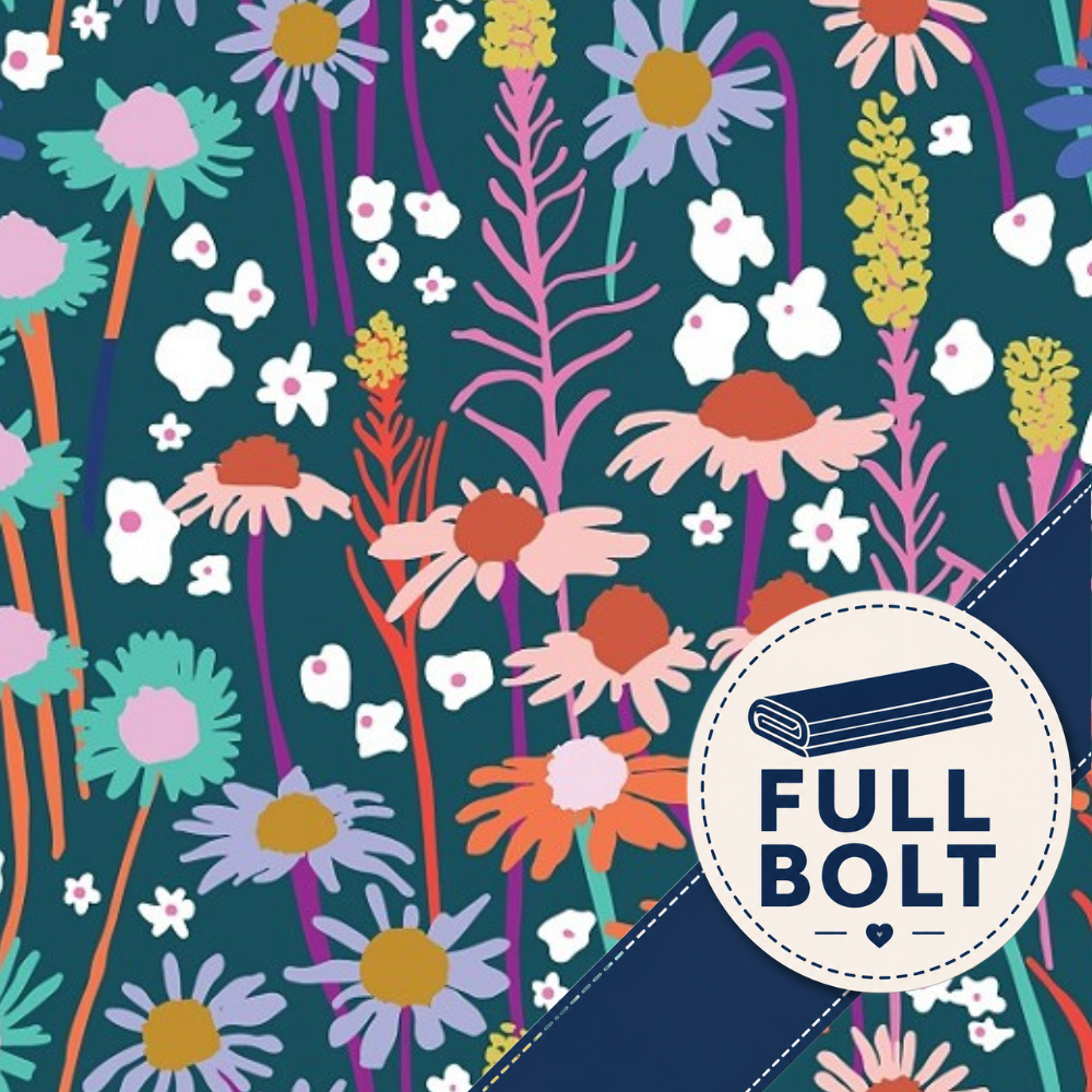 A repeating floral pattern on a dark teal background with pink, purple, white, yellow, orange, and green botanical motifs. A circular badge in the lower right says "FULL BOLT" over a navy diagonal band.