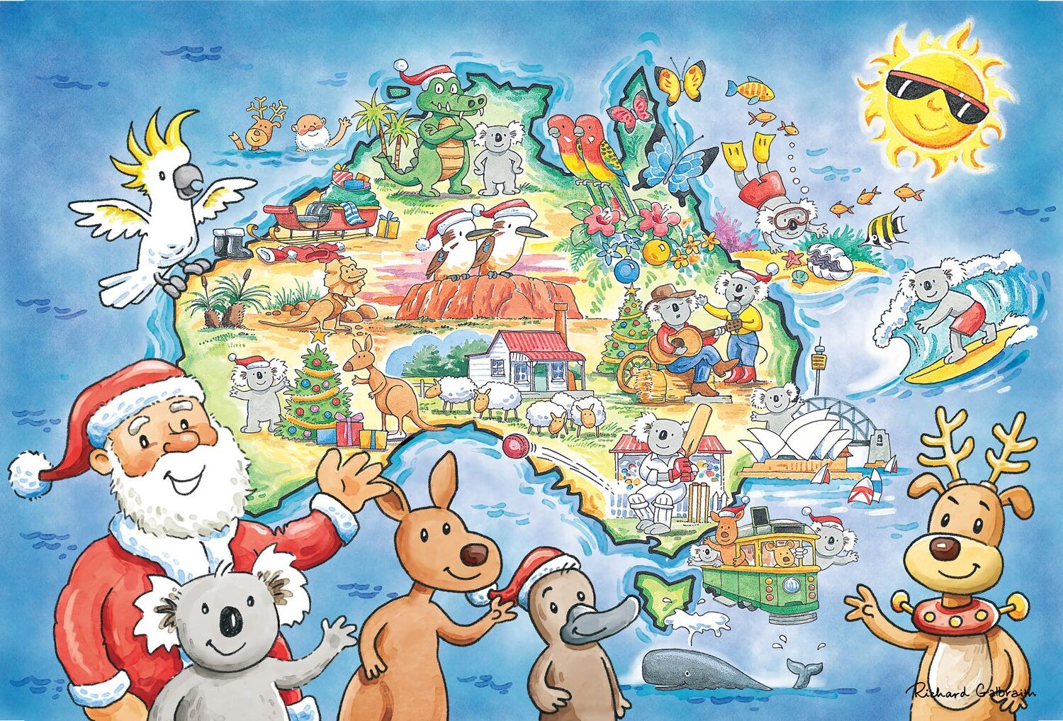 A colorful illustrated fabric map of Australia filled with cartoon animals and landmarks, including a parrot, koalas, kangaroo, dugong, turtle, crocodile, kangaroo mouse, seals, a surfer, a whale, a boat, and Santa Claus with a koala at the bottom left.