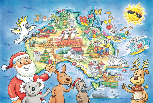 A colorful illustrated fabric map of Australia filled with cartoon animals and landmarks, including a parrot, koalas, kangaroo, dugong, turtle, crocodile, kangaroo mouse, seals, a surfer, a whale, a boat, and Santa Claus with a koala at the bottom left.