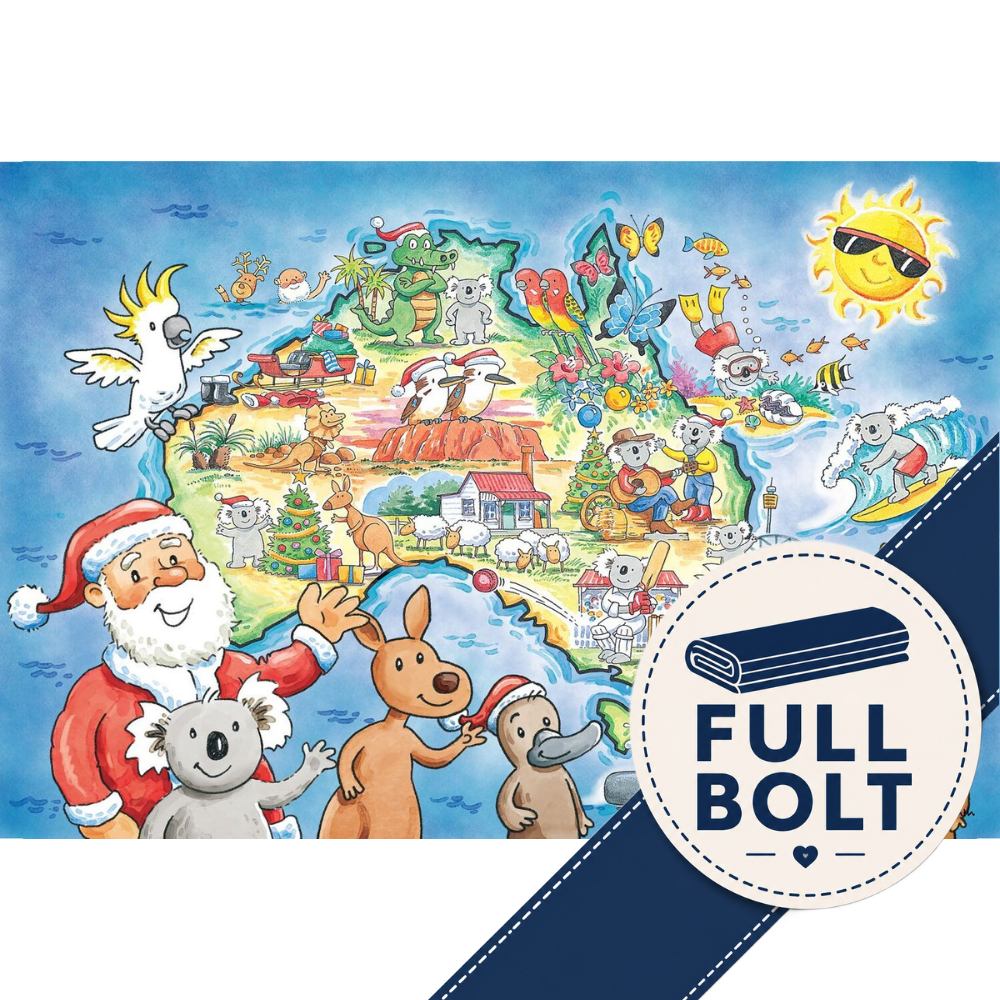 A colourful illustrated Christmas-themed fabric panel map of Australia featuring cartoon animals, Santa Claus, a koala, a kangaroo, a duck, a sun with sunglasses, and a dark blue diagonal banner with a circular badge reading 'FULL BOLT'.