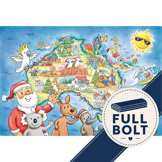 A colourful illustrated Christmas-themed fabric panel map of Australia featuring cartoon animals, Santa Claus, a koala, a kangaroo, a duck, a sun with sunglasses, and a dark blue diagonal banner with a circular badge reading 'FULL BOLT'.