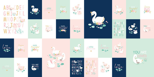 A repeating patchwork pattern of square panels in pastel pink, mint green, and dark navy, decorated with swans, alphabet letters, small flowers, and phrases such as 'love', 'BIG', 'YOU ARE LOVED', and 'ABC DEF GHI JK L M N O P Q R S T U V W X Y Z'.