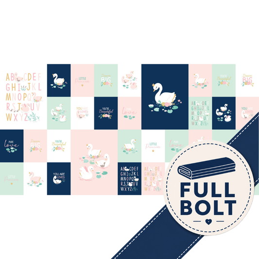 A fabric panel with patchwork design featuring swans, nursery-themed text like 'love', 'BIG', and 'YOU ARE LIVED', in navy, blush pink, mint, and white. A large circular badge in the lower right says 'FULL BOLT' with a rolled fabric icon.