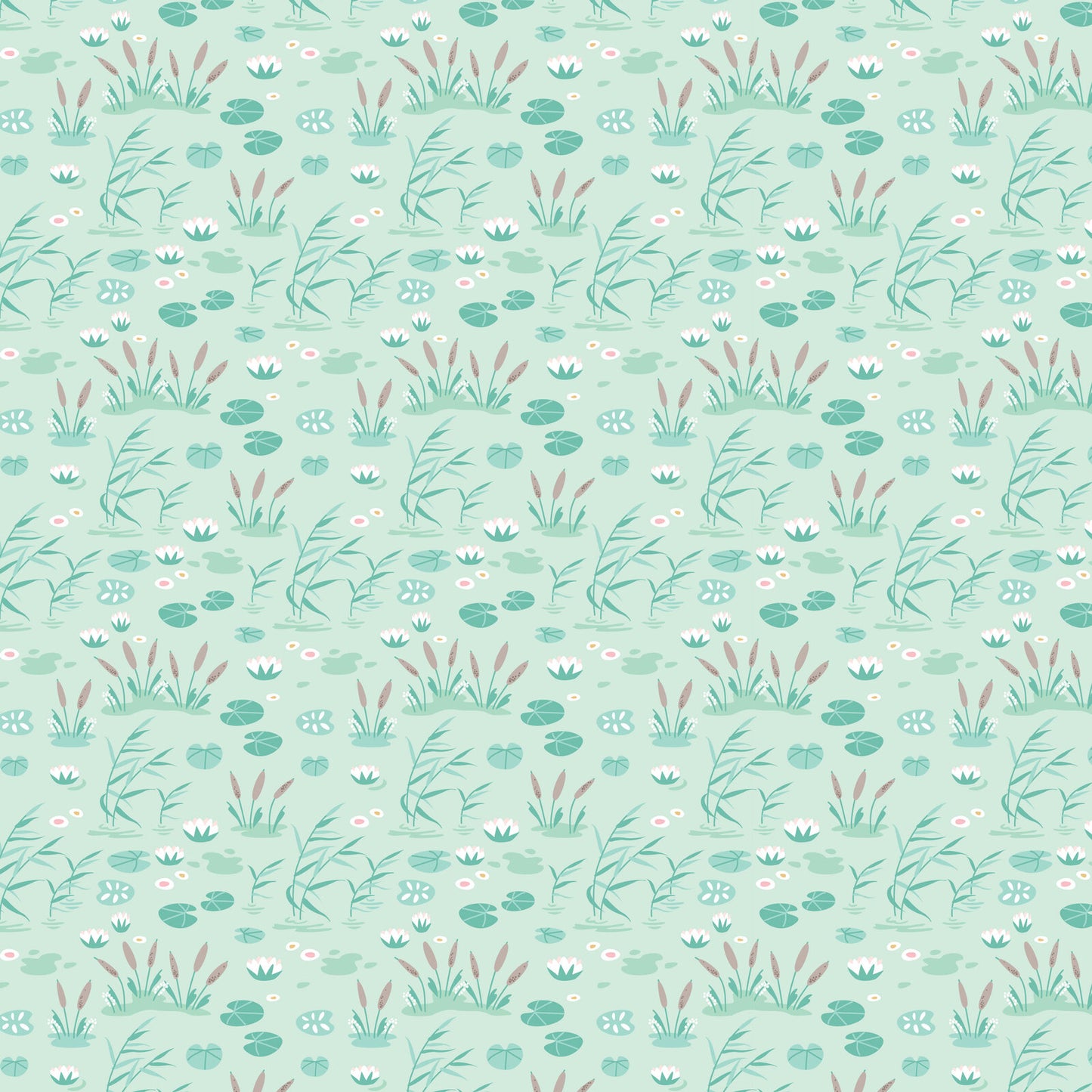 A repeating botanical pattern featuring water lilies, lotus leaves, and grasses in soft mint green, teal, dusty pink, and white on a pale mint green background.