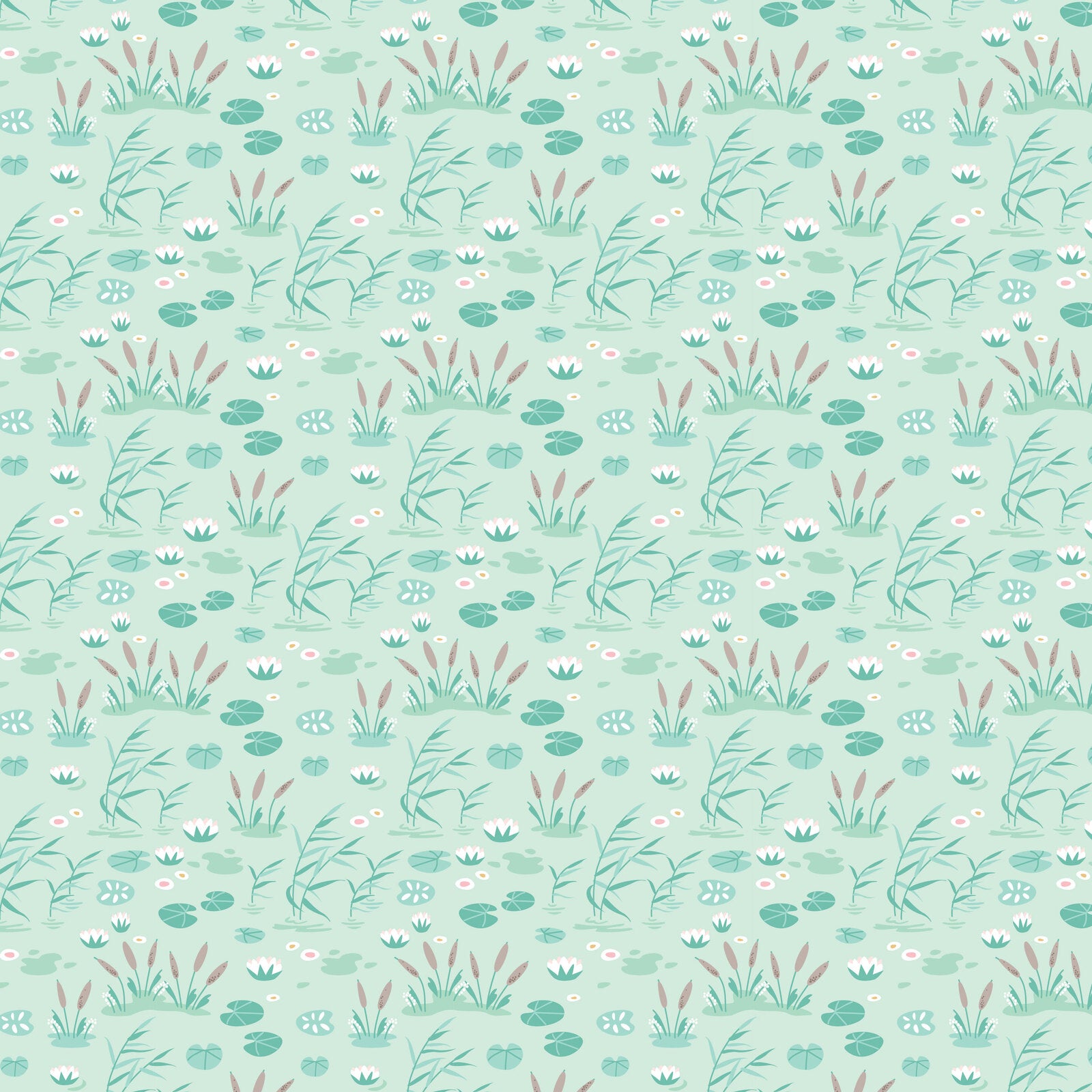 A repeating botanical pattern featuring water lilies, lotus leaves, and grasses in soft mint green, teal, dusty pink, and white on a pale mint green background.